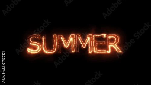 4K glowing red and orange word SUMMER with fire ember neon text effect isolated on black background.