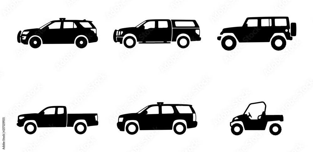 Fototapeta premium SUV, Truck, and Off-Road Vehicle Icons: Black Silhouettes for Transport and Adventure