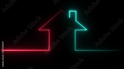 Glowing continuous neon line home icon in red and cyan lights isolated on solid black background. 4K video.