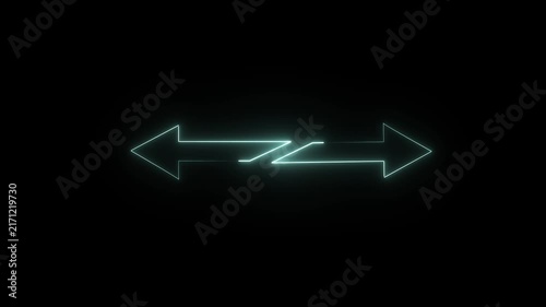 Glowing neon icon of double-sided arrow pointing left and right with crossed overlapping center design, isolated on black background. 4K video.