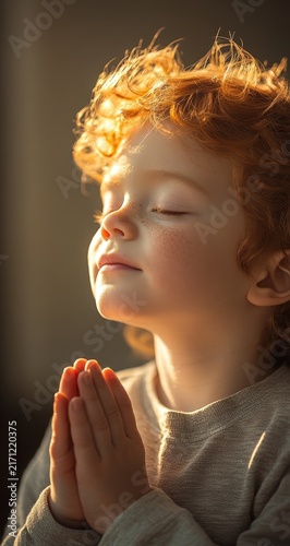 A Caucasian child with red hair prays with his eyes closed, illuminated by golden sunlight. This depicts a moment of faith and prayer, perfect for Good Friday imagery
