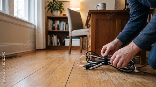 Hands securing electrical cables with strap on floor at home office