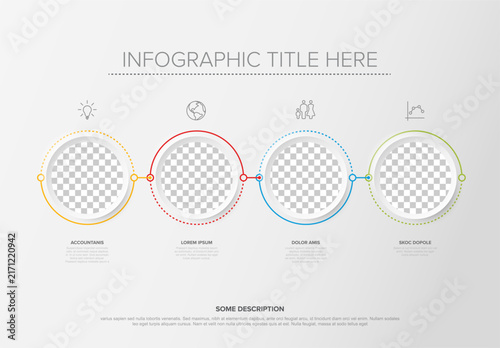 This infographic template features four circular placeholders for photos and icons. Use this infographic template to present your data and business process in a professional way.