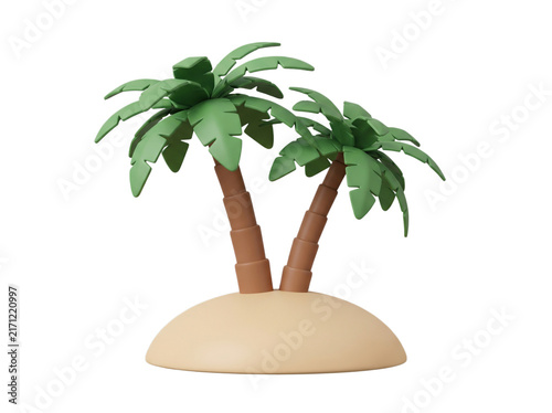 Tropical palm trees on small sand island, 3D stylized coconut tree miniature, summer vacation concept on white background