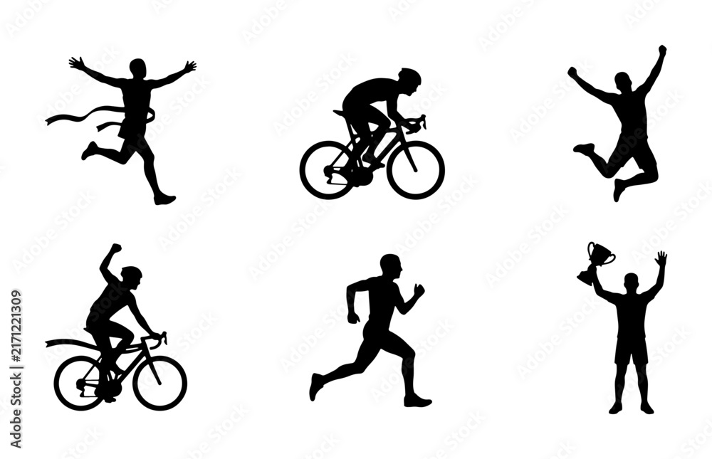 Obraz premium Athletic Silhouettes: Running, Cycling, Victory Poses, Sports Icons, Vector Graphics
