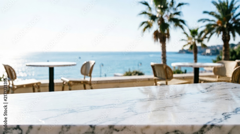 Naklejka premium Marble Tabletop with Ocean View and Palm Trees for Relaxation Concept