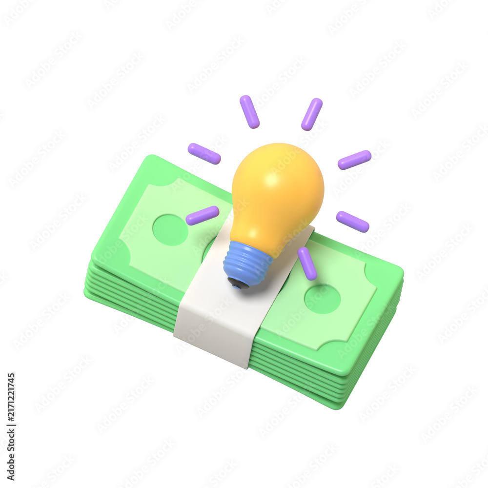 Fototapeta premium 3D render of a stack of green cash currency bills tied with a band featuring a glowing yellow light bulb symbol representing creative business ideas and financial investm.3d render