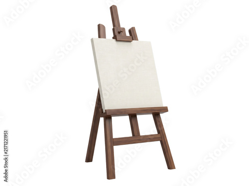 Wooden artist easel with blank white canvas, professional studio painting tripod, empty art frame mockup on white background