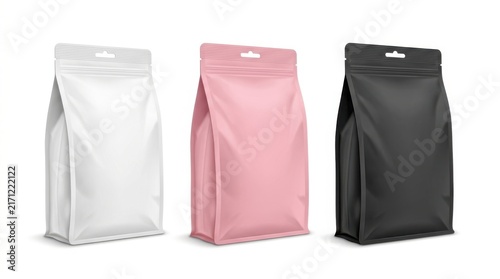 Three blank food pouches in white pink and black colors