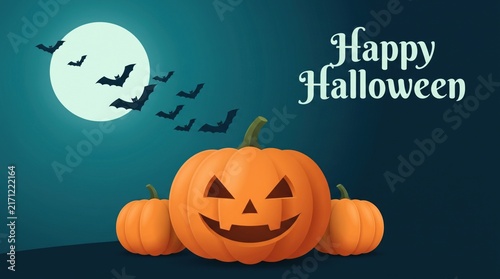 Spooky happy halloween greeting card featuring a carved pumpkin and flying bats against a full moon night background