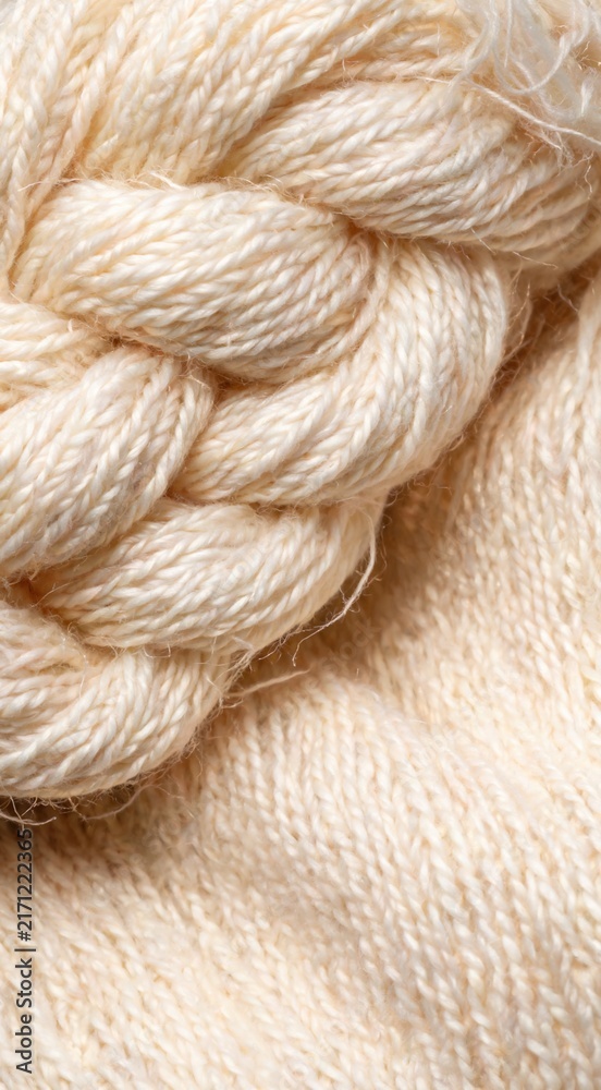 Fototapeta premium Close-up of a braided natural fiber rope on a soft beige fabric background. The texture is smooth and inviting, showcasing craftsmanship and material quality.