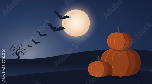 Spooky halloween night background featuring a full moon with flying bats and orange pumpkins in a dark field