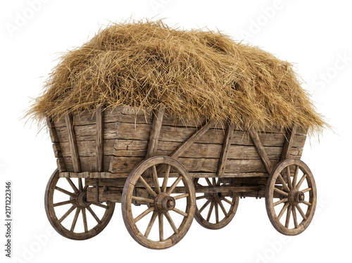 Rustic wooden cart filled with dry hay, vintage farm wagon with straw, antique horse-drawn carriage for rural harvesting and agriculture