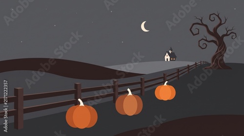 A spooky halloween night illustration featuring pumpkins along a wooden fence as a dark festive holiday background
