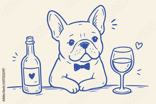 Foto Dapper French Bulldog's Toast: A charming French bulldog, sporting a dapper bowtie, sits attentively beside a bottle of wine and a glass, ready to enjoy a delightful moment