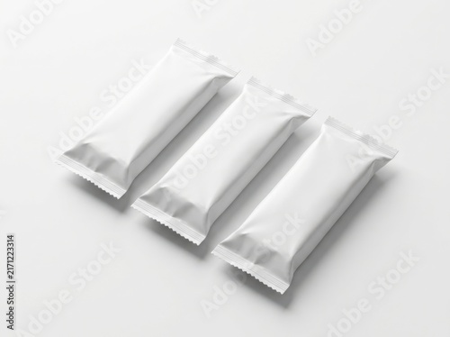 Three blank white snack bar wrappers on white background