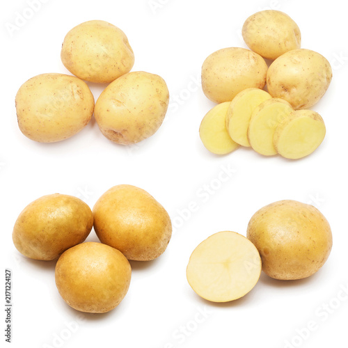 Collection young potato and slice isolated on white background. Harvest new. Flat lay, top view