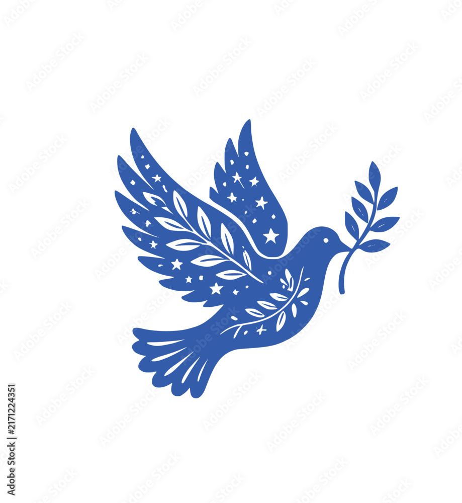 Obraz premium Folk Art Dove Icon: Ornate Flying Peace Dove Carrying Olive Branch Vector Illustration