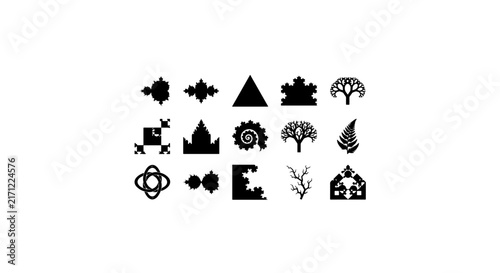Foto Geometric Fractal Icons Set, Abstract Mathematical Shapes Collection, Black and