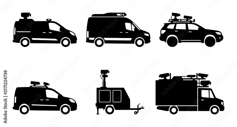Fototapeta premium Surveillance Vehicle Icons Set, Security Van, SUV, Truck, Trailer, Technology, Monitoring