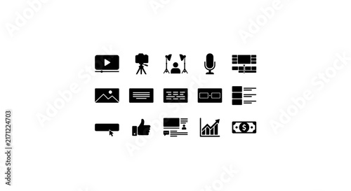 Video Production Icons Set, Multimedia Symbols, Content Creation Graphics, Social Media Elements