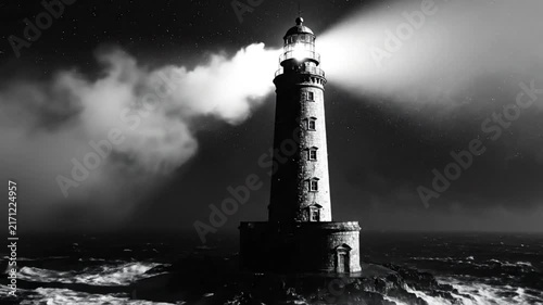 Dramatic black and white video of a lighthouse shining bright during a powerful storm at sea under a starry night sky.