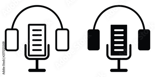 Set of microphone icons. Stylist fill and stroke symbol microphone vector illustration on white background. Vector image. 
