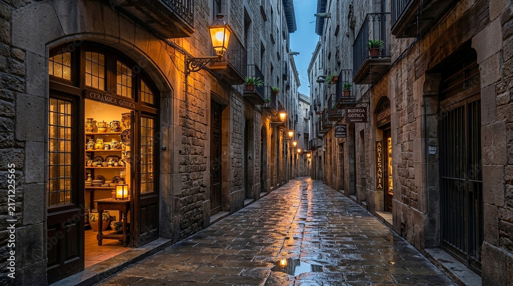 Fototapeta premium Charming narrow stone street in Gothic Quarter of Barcelona at dusk with illuminated shop windows and warm street lamps