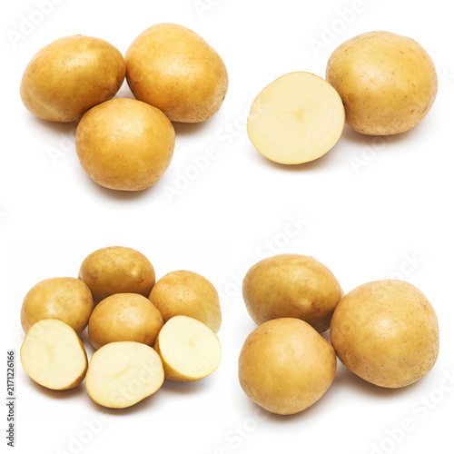 Collection young potato and slice isolated on white background. Harvest new. Flat lay, top view