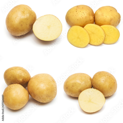Collection young potato and slice isolated on white background. Harvest new. Flat lay, top view