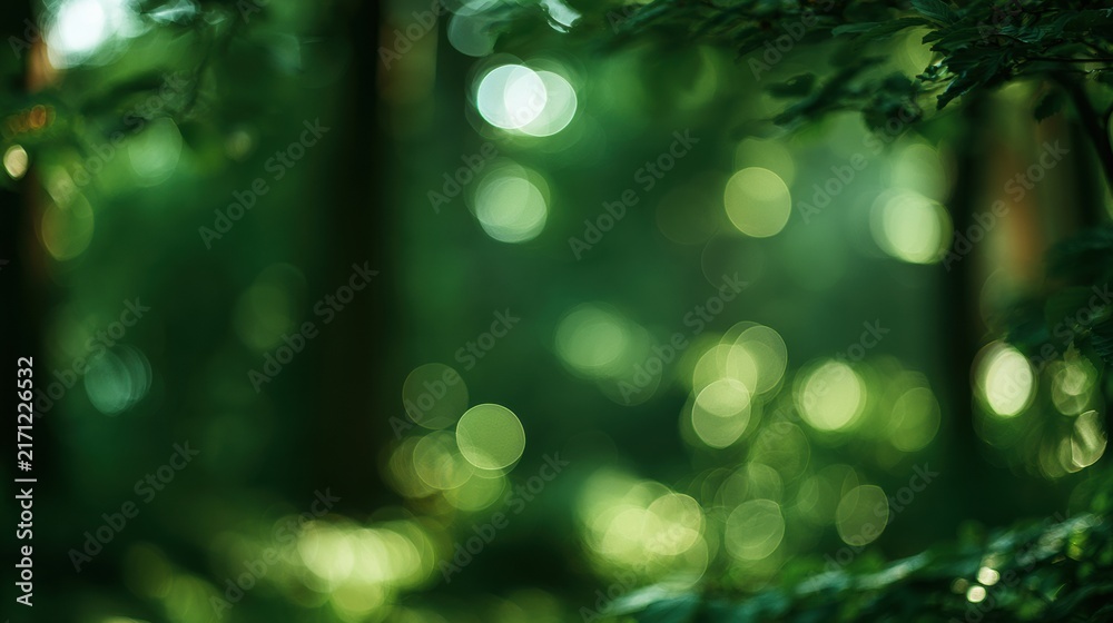 Fototapeta premium A green forest scene with glowing circles and soft light, creating a blurred effect in the background.