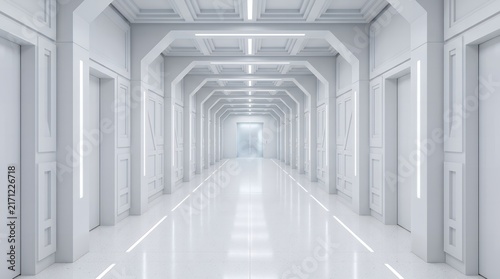 Futuristic white hallway interior with perspective neon lighting for modern scifi themes.