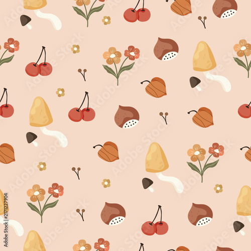Cute Autumn Seamless Pattern with Mushrooms, Cherries, Flowers, Acorns and Leaves