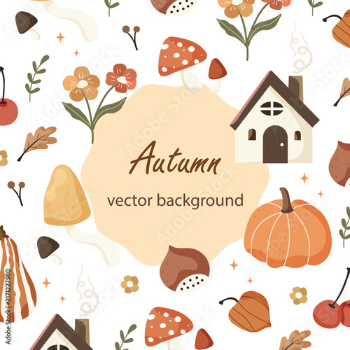 Cute Autumn Background with Pumpkins, Mushrooms, Cottage and Fall Botanical Elements