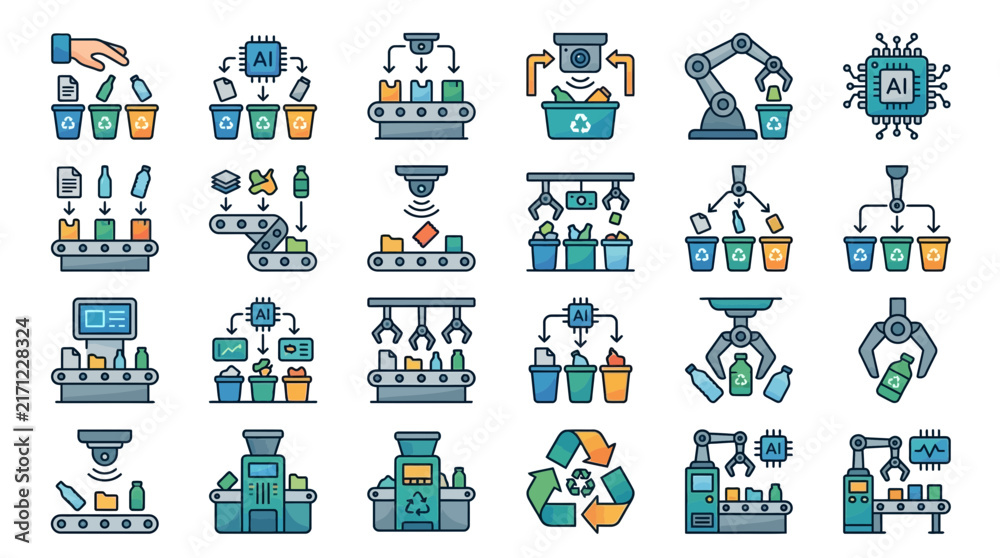 Fototapeta premium Modern AI and Robotic Systems for Advanced Waste Sorting and Recycling Process with high quality professional line art symbols for modern creative design and digital branding projects