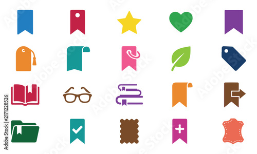 Set of 15 Colorful Bookmark Icons with Star, Heart, Book, Leaf, Glasses, Folder, and Navigation Symbols