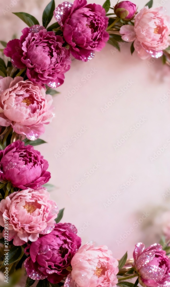 Fototapeta premium Pink Peony Flower Frame with Glitter Accents for Wedding Design