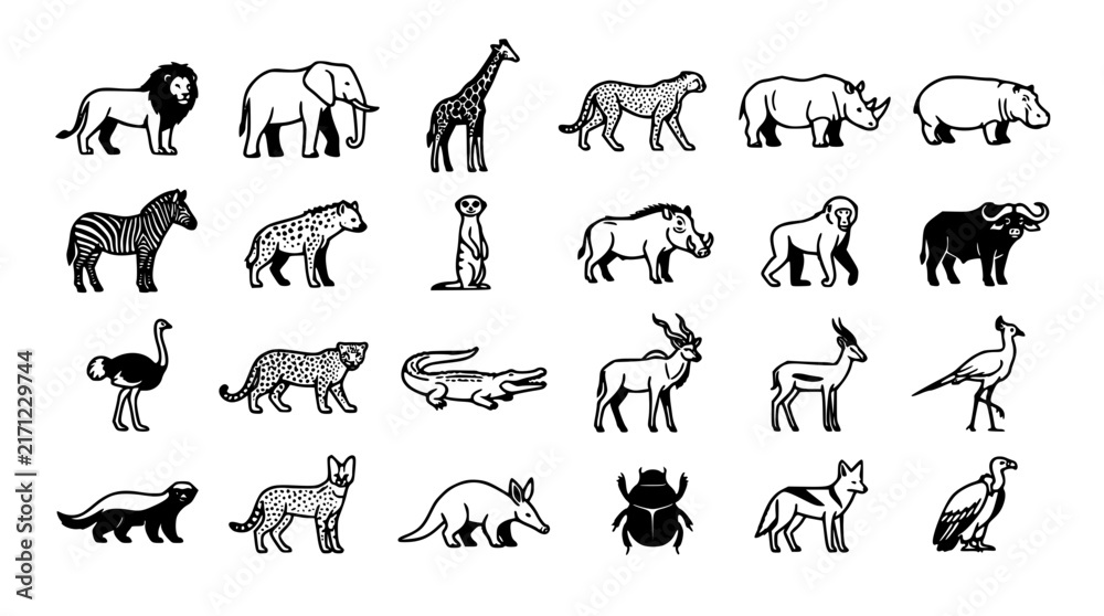 Fototapeta premium African Safari Wildlife and Savannah Animals Vector Icon Set Featuring Lion Elephant Giraffe Rhino Zebra Hippo Cheetah and Wild Nature Elements