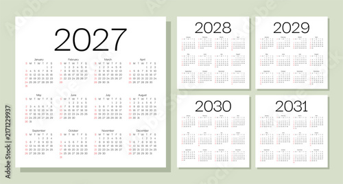Calendar for 2027, 2028 2029, 2030, 2031 years. Calender templates. Desk planner layout. Week starts Sunday. Yearly organizer. Grid with 12 month in English. Vector illustration. Square simple design.