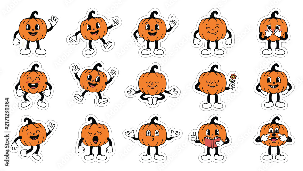Obraz premium A collection of cute cartoon pumpkin characters showing various fun emotions and poses for a festive halloween design project
