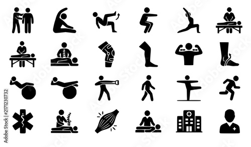 Physical Therapy and Rehabilitation Exercise Silhouette Icon Pack