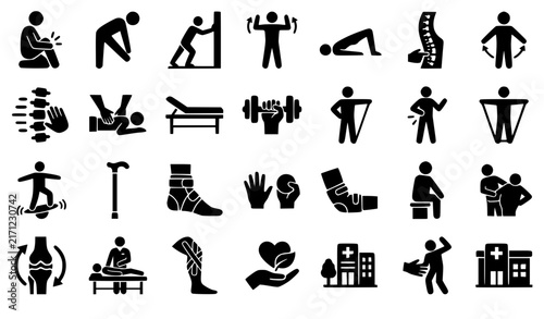 Physiotherapy Rehabilitation Silhouette Icon Set with Stretching Massage and Sports Injury Recovery