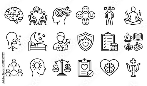 Mental Health Line Icons Set with Psychology Wellness and Cognitive Behavior Symbols
