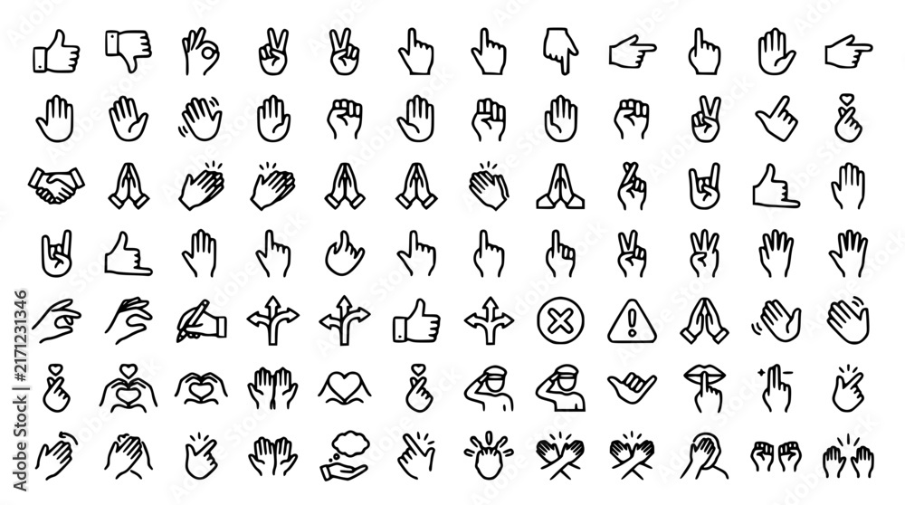Obraz premium Hand Gestures and Communication Sign Language Line Icon Mega Pack Featuring Pointing Fingers Greeting Palms Praying Hands and Interactive Interface Clicking Vectors