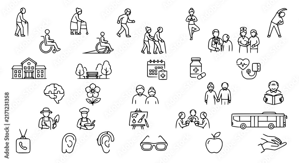Fototapeta premium Eldercare and Senior Nursing Home Line Icon Set Featuring Geriatric Medical Healthcare Retirement Community Activities Wellness and Assisted Living Elements Vector Pack