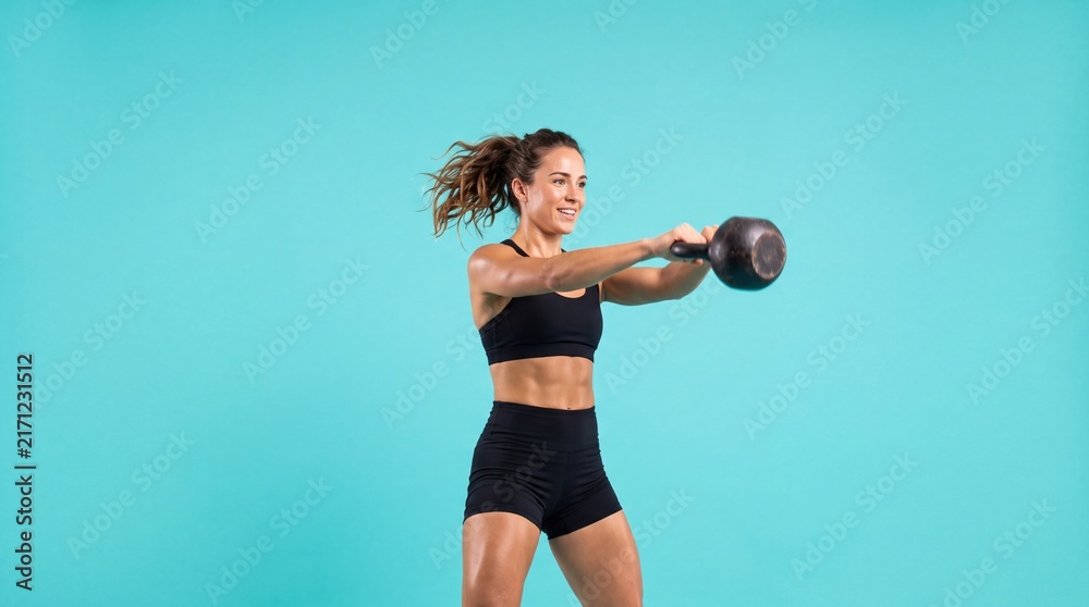 Fototapeta premium A young Hispanic woman with curly hair exercises with a kettlebell against a turquoise background. She wears a black sports bra and shorts.