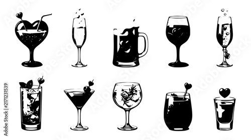 Alcoholic Beverage And Bar Cocktail Silhouette Set Featuring Champagne Flutes Beer Mugs Wine Glasses And Party Drinks Icons For Restaurant Nightclub Menu Design