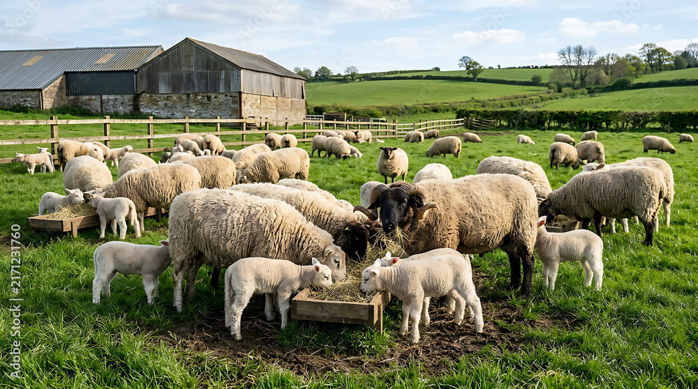 Fototapeta premium Sheep grazing in a lush green pasture near a barn.