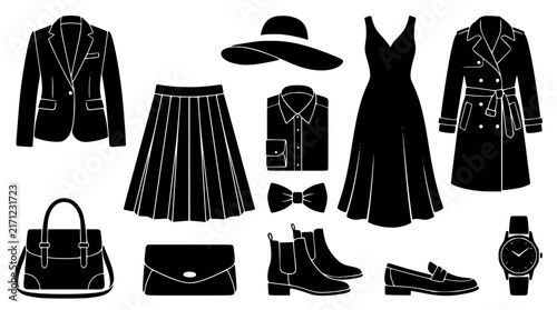 Women Fashion and Elegance Apparel Silhouette Set Featuring Dresses Blazers Winter Coats Footwear Bags and Classic Wardrobe Accessories Vector Icons Pack