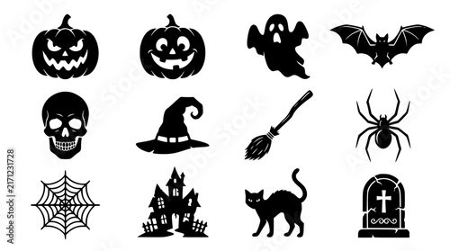 Classic Halloween Silhouette Element Set Featuring Creepy Pumpkins Ghosts Witches Hat Spiders and Haunted House Vector Icons Grid Pack for Scary Autumn Holiday Poster Design